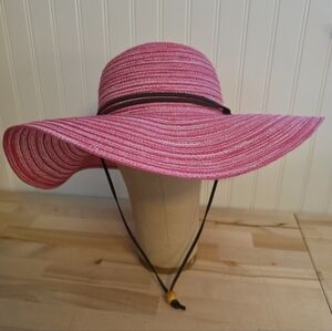 Shoe Shack Wide Brimmed Pink Straw Sun Hat With Drawstring Chin Strap One Size